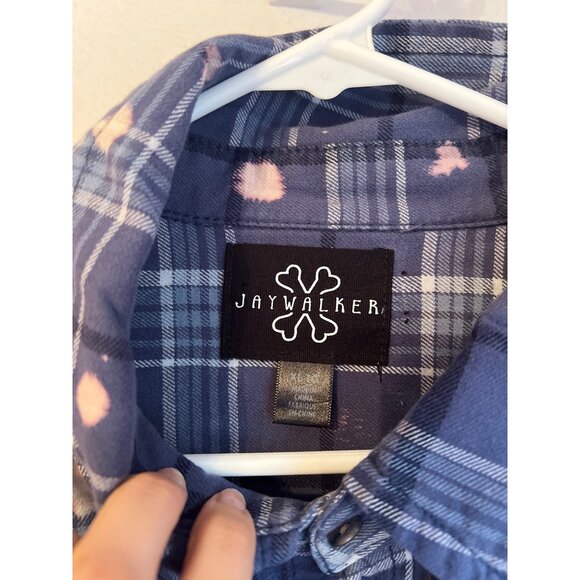 Blue Plaid Button-Up Shirt With Distressed Hem & Bleach Splatter - Picture 4 of 5